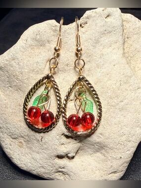 Hand Crafted Gold Teardrop Cherry Dangle Earrings